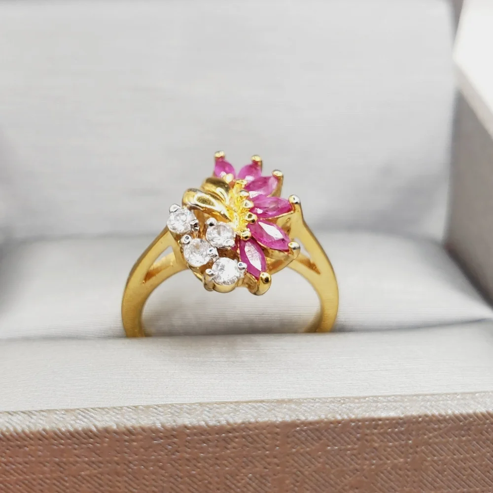 Genuine Marquise Pink Ruby - Simulated Diamonds - 18k Yellow Gold Plated Ring